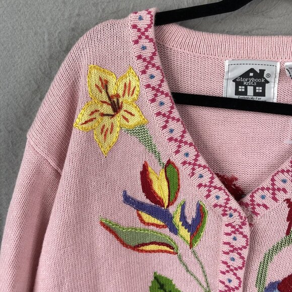 Storybook Sweater Womens 2X Plus Size Pink Parrots Tropical Cardigan Art to Wear - Picture 9 of 16